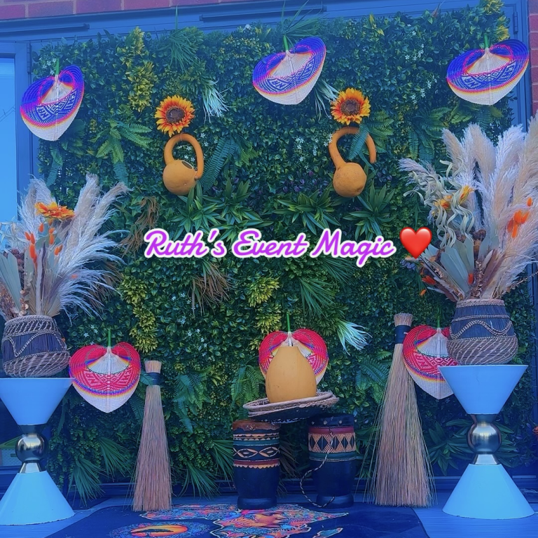 Colourful decorations with flowers, and vases, creating an African backdrop.